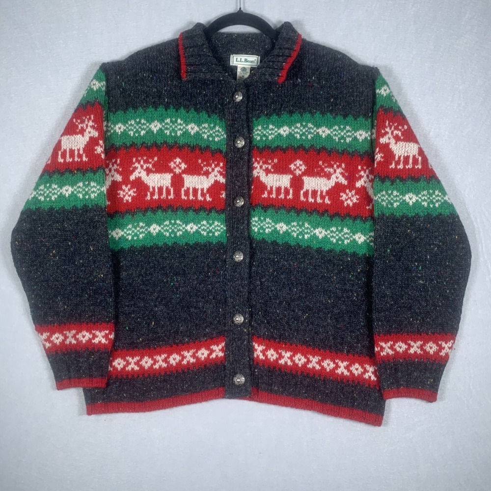 Vintage L.L. Bean Cardigan Sweater Women M Reindeer Fair Isle Wool Scotland Made